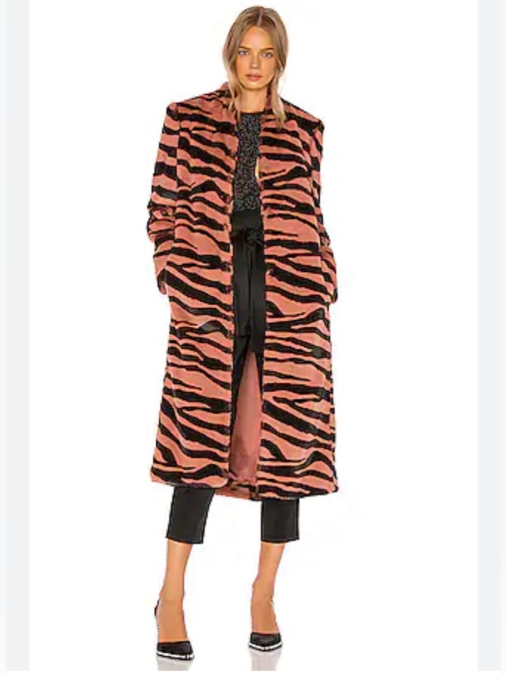 Michelle Mason faux fur coat in a tiger stripe pattern with a pink colorway 4